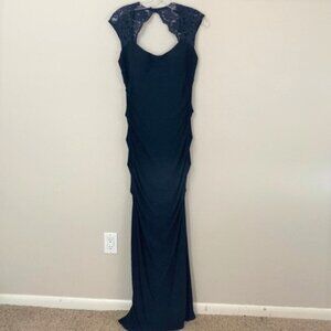 Xscape Ruched Lace Sleeve Gown